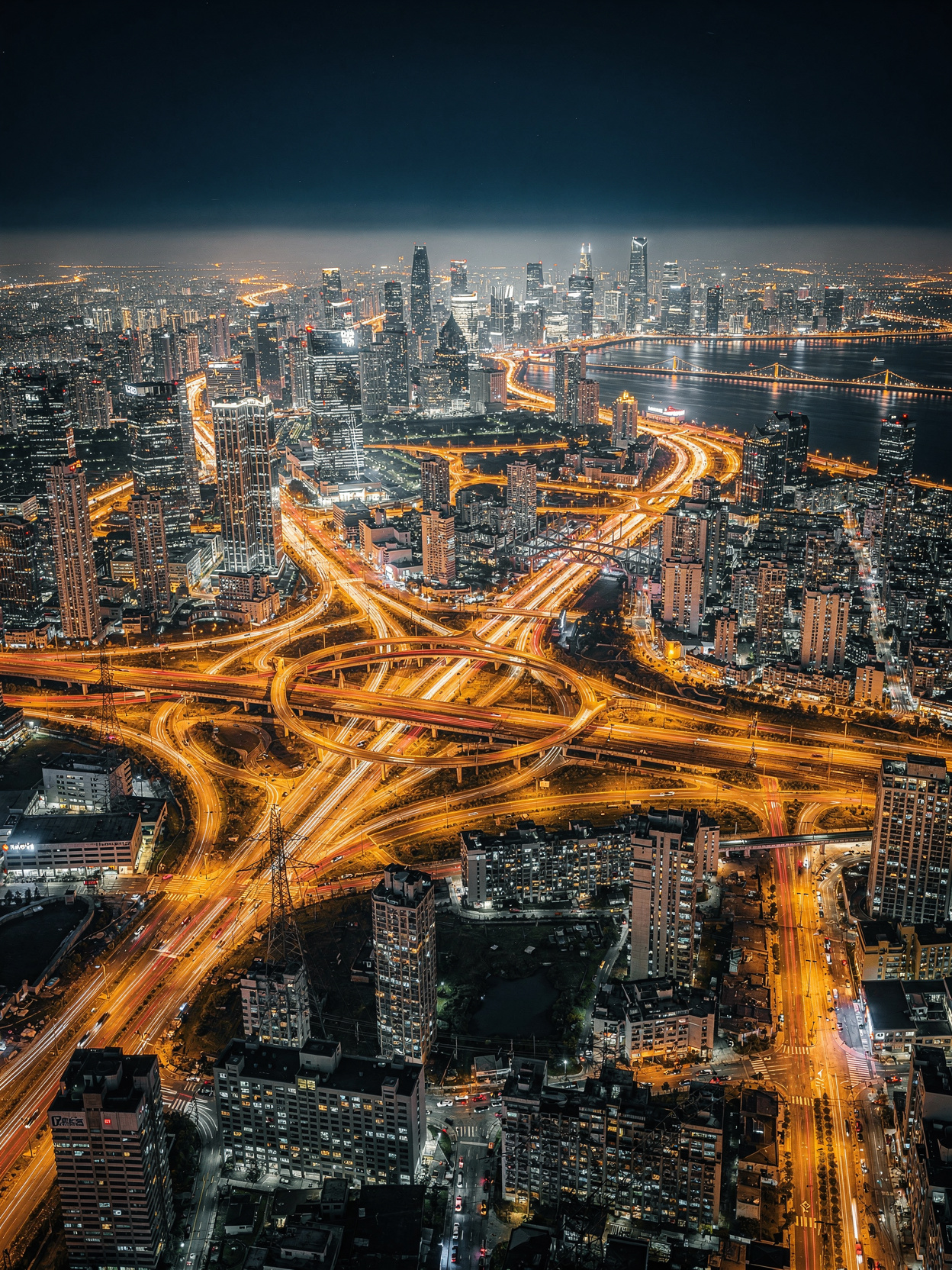 Aerial view of a Canadian metropolitan interchange at night